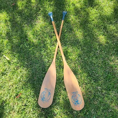 Vintage Trail Canoe Paddles Japan Oar Pair Natural Wood Navy Blue Elk Logo • $200