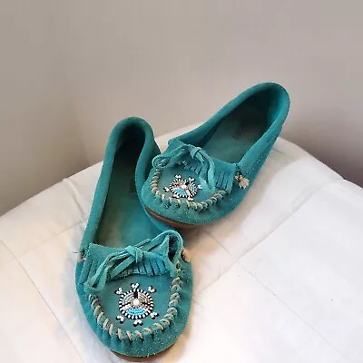 Minnetonka Size 8 Teal Blue Leather Moccasins Beaded Toes Nice! • $28.99