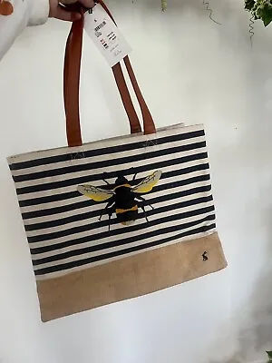 JOULES Sandside Bag Tote Beach Bee Stripe Jute Printed Canvas Shopper NEW OK14 • £24.99