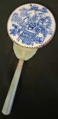 Ornate Hand Mirror Oriental Jade Handle Blue White Porcelain Patina Vtg • $43.99