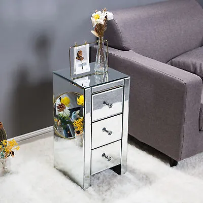 3 Drawer Mirrored Glass Bedside Table Cabinet  Crystal Handles Nightstand Home • $129.69