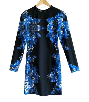 $5 • Buy ASOS Sz 8 / US 4 EUR 36 Black Blue Beaded Floral Long Sleeve Party Shift Dress 