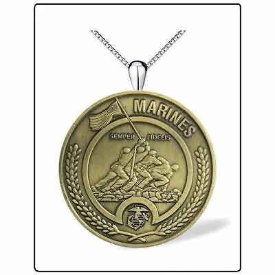IWO JIMA Challenge Coin Necklace - 1 1/2  Bronze Usmc Marine Corps Jewelry 24  • $12.99