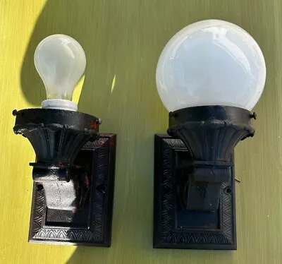 Pair Antique Cast Iron Wall Sconce Porch Lights With One Globe 6.5”X 4.5”. • $100