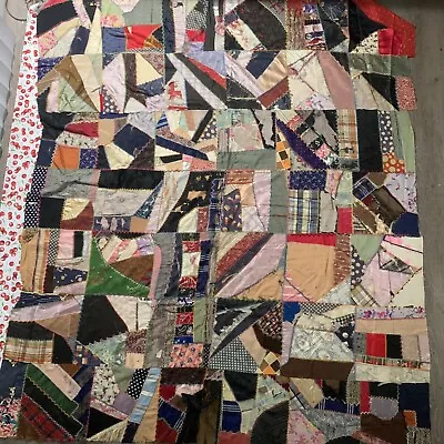 As Is Antique Silk And Rayon Patchwork Crazy Quilt Topper 70x60” • $29.99