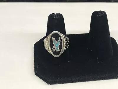 Vintage Silver Southwestern Turquoise Chip Inlay Eagle Ring Size 9 • $34.95