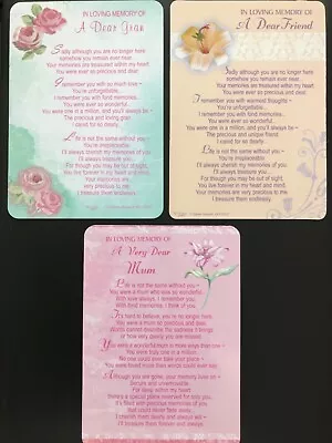 IN LOVING MEMORY SENTIMENTAL VERSE KEEPSAKE PLASTIC CARDS GRAVESIDE FLOWERS 4x6  • £1.99