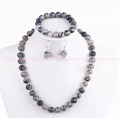 $6.69 • Buy  8mm Natural Black White Dragon Veins Agate Necklace Bracelet Earrings Set AA