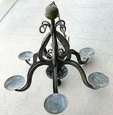 Vtg Candelabra Chandelier Wrought Iron Black 6 Arm Hanging Rustic Ornate Goth • $59.37