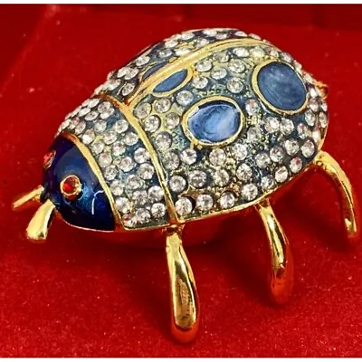 Lady Bug Trinket Box Gold Blue Rhinstone Hing Top 2  Decor 6561 Gift • $24.99