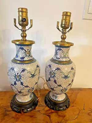 Vintage Pair Of Blue And White 15  Cloisonné Lamps • $225