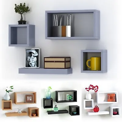 £12.99 • Buy Set Of 4 Wooden Floating Cube Shelves Wall Hanging Storage Display Deco Shelving
