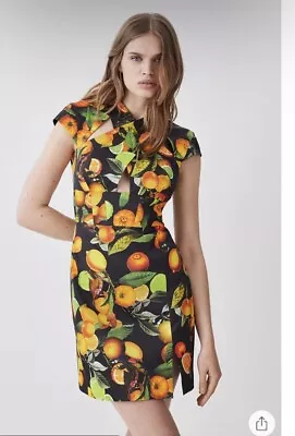 Karen Millen Italian Signature Citrus Print Cross Front Mini Dress Size 12 • £89