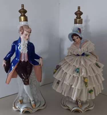 Vintage Dresden Lace Figurine Man / Lady Porcelain  Boudoir Lamps  • $69.96