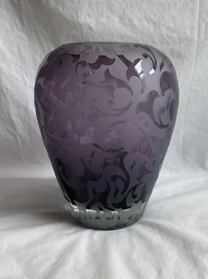 Signed Michael Weems Vase - Frosted Amethyst Etched Art Glass Elise Pattern 9  • $75