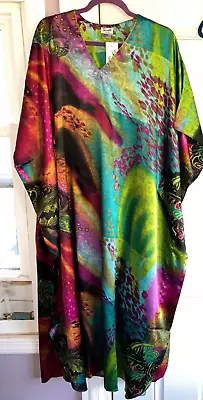 Nwt Sante Mumu  2x 3x Kaftan Caftan House Dress Green Purple Scarf Satin Shiny • $21.99