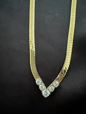 Stunning Herringbone Yellow Gold 18' Long Necklace With 5 Gorgeous Diamonds • $1600