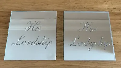 HIS LORDSHIP HER LADYSHIP Mirror Glass Silver Glitter Coasters LP41897 Set Of 2 • £4.50
