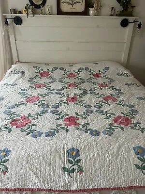 Vintage Antique Quilt Rose Of Sharon Appliqué Hand Quilted Stitched Pink Fixer • $165.98