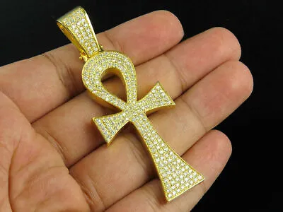 $101 • Buy 14K Yellow Gold Ankh Cross Solid Back VVS1 Diamonds 3 Inch Pendant Charm 5 Ct