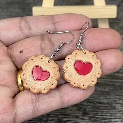 Valentine's Day Jewelry Heart Cookie Earrings With Red Jam Made Of Polymer Clay • $19.99