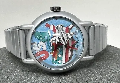 Vintage Quintel Hong Kong Flying Airplane USA Flag Map Bubble Watch Wind Up Runs • $65