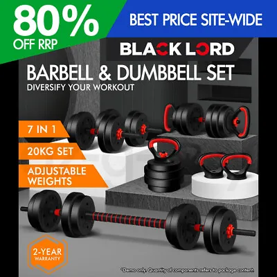 BLACK LORD 20kg Dumbbell Set 7in1 Adjustable Barbell Kettlebell Home Gym Fitness • $76.95