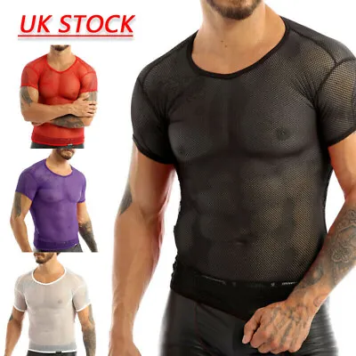 Mens Mesh See Through Fishnet Short Sleeve T Shirt Tank Tops Summer Undershirts • £10.06