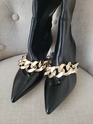 Zara Leather Knee-high Heeled Boots With Gold Chain Details Size 6. Perfect Gift • $99.99