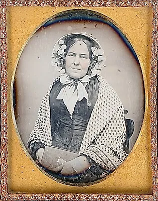 Woman Wearing Bonnet With Flowers + Patterned Shawl 1/9 Plate Daguerreotype S647 • $85
