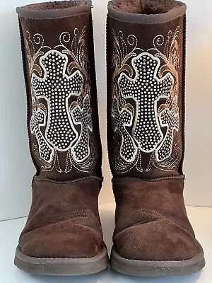 Montana West Brown Suede Boots Fur Lined Size (7) Cross Rhinestone Embroidered • $44.65