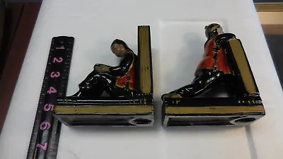 Vintage Made In Japan Red Clay Glossy Black Oriental Boy & Girl BOOKENDS #w546  • $20