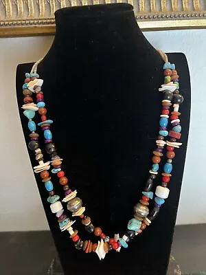 Vintage Santo Domingo Multi-Stone Sterling Beaded Necklace 28” • $350