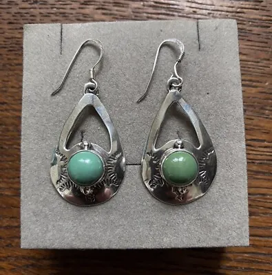Genuine Navajo Sterling Silver & Gaspeite Cabochon Drop Earrings Signed  • £65