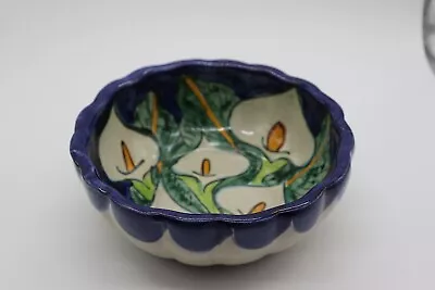 Blue Calla Lily Bowl Scallop Edge Mexican Pottery Bowl • $20