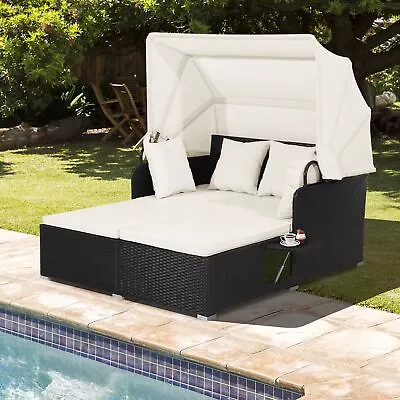 Garden Rattan Daybed With Retractable Canopy And Cushions Garden Outdoors • £334.86