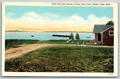 Aloha State Park Michigan~Dock & Boat House On Mullet Lake~Linen Postcard • $13