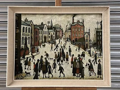 Vintage Mid Century L S Lowry Print On Board Titled Village Square  • $242.69