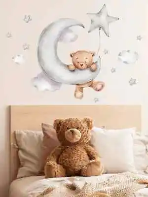Teddy Bear Moon And Stars Nursery Wall Sticker For Children Decal. NEW DESIGN • £3.25