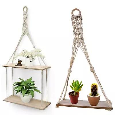 £7.89 • Buy Wooden Floating Shelves Hanging Macrame Rope Wall Shelf Storage Kitchen 1/2 Tier