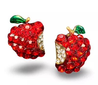 ￼Red￼ Austrian Crystal ￼micro Pave Bitten Apple Pierced Stud Earrings NWT • $14.99