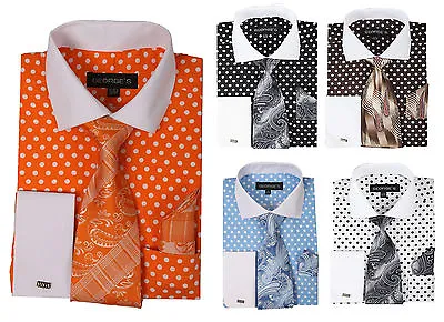 Men's French Cuff Dress Shirt With Polka Dot Design 3 Pieces Set Size 15~20 • $22.99