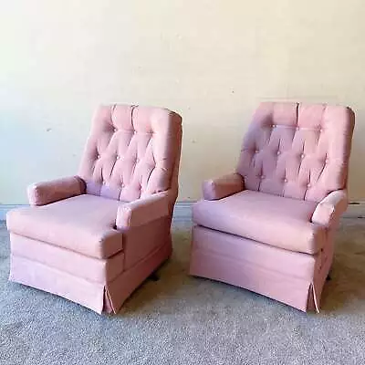 Mid Century Modern Pink Tufted Swivel Chairs • $995