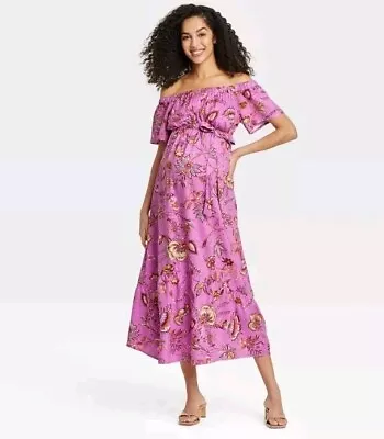 New Isabel Ingrid Womens Large Off Shoulder Purple Floral Midi Maternity Dress • $17.50
