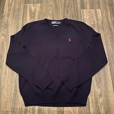 POLO RALPH LAUREN Mens Size Large Navy Blue Red Pony Lambs Wool V-Neck Sweater • $26.99