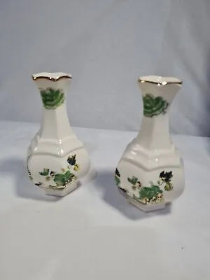 Masons Green Chartreuse Ironstone Hexagonal Bud Vase Pair Hand Painted 5” • £15