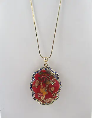 Vintage Red Cloisonne Bird & Floral Pendant Necklace • $22