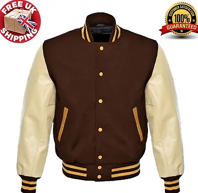 Wool Brown Cream Real Leather Arms Baseball Letterman College Varsity Jacket • £84.99