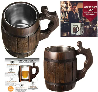 Wooden Beer Mug Handmade Oak Wood Stainless Steel Cup Beer Stein Gifts Christmas • $96.47