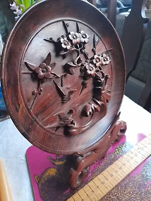 Japanese Wooden Carved Plate Birds Blossom & Stand  • £11